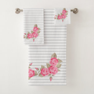 Cute Pink Rose Bud White & Grey Stripes Bath Towel Set