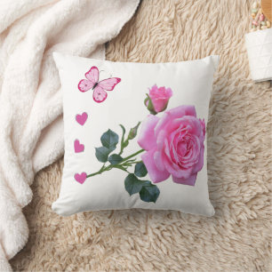 Cute Pink Rose Butterfly Hearts Throw Pillow 