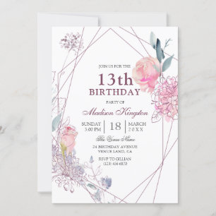 Cute Pink Rose Geometric Girls 13th Birthday Party Invitation