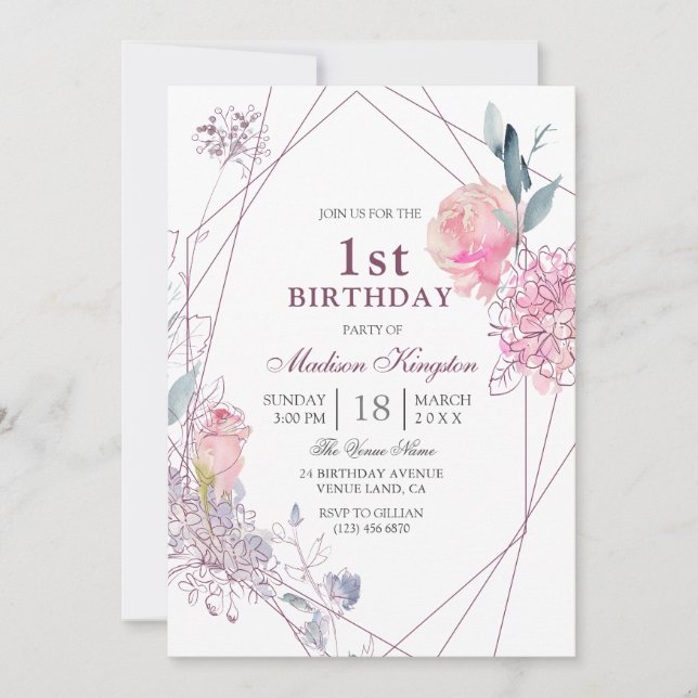 Cute Pink Rose Geometric Girls 1st Birthday Party Invitation (Front)