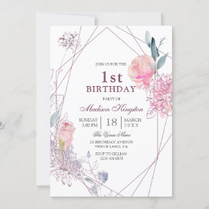 Cute Pink Rose Geometric Girls 1st Birthday Party Invitation