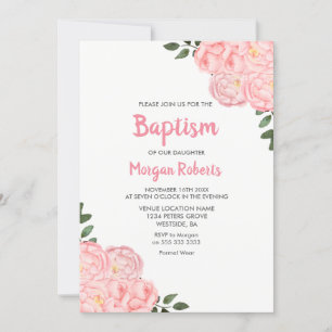 Cute Pink Rose Girl Baptism Christening Invitation