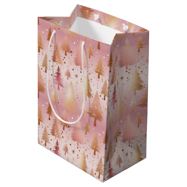 Cute Pink Rose Gold Trees Festive Pattern Medium Gift Bag (Back Angled)