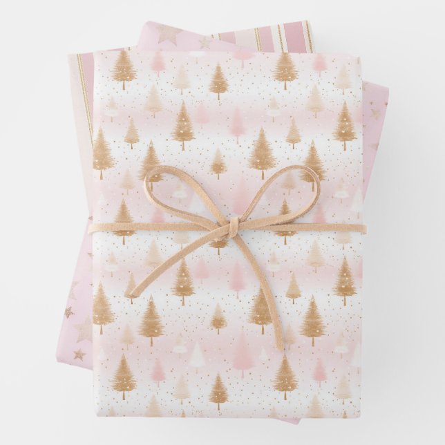 Cute Pink Rose Gold Trees Festive Pattern Wrapping Paper Sheet (In situ)