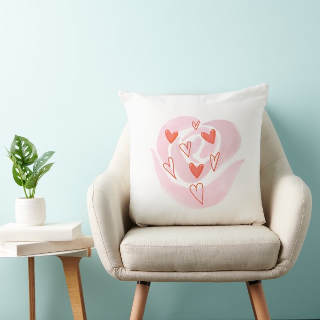 Cute Pink Rose & Hearts Throw Pillow (Chair)