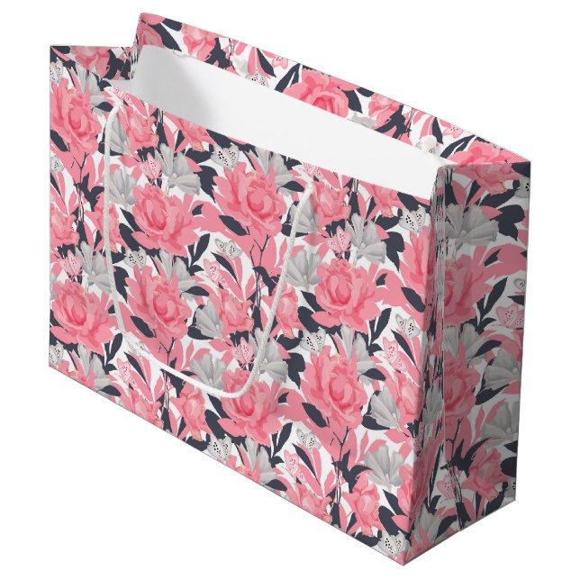 Cute pink rose tiled pattern large gift bag (Front Angled)