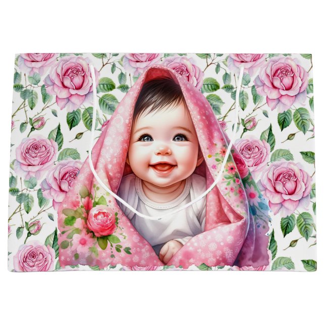 Cute Pink Roses and Smiling Baby Girl Baby Shower Large Gift Bag (Front)