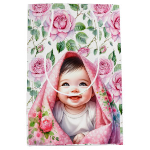Cute Pink Roses and Smiling Baby Girl Baby Shower Medium Gift Bag
