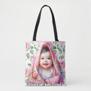 Cute Pink Roses and Smiling Baby Girl Baby  Tote Bag