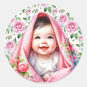 Cute Pink Roses and Smiling Baby Girl Classic Round Sticker