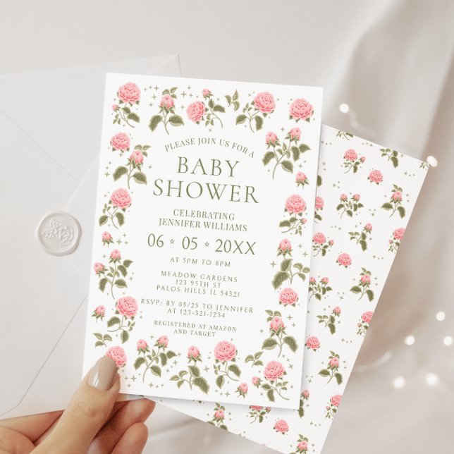 Cute pink roses bohemian floral baby girl shower invitation (Creator Uploaded)