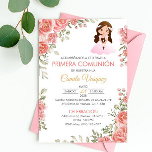 Cute Pink Roses First Communion Spanish  Invitation