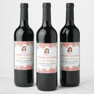 Cute Pink Roses Spanish First holy Communion  Wine Label