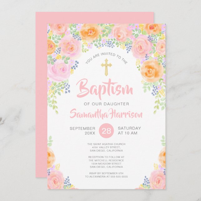 Cute Pink Roses Watercolor Floral Girl Baptism Invitation (Front/Back)