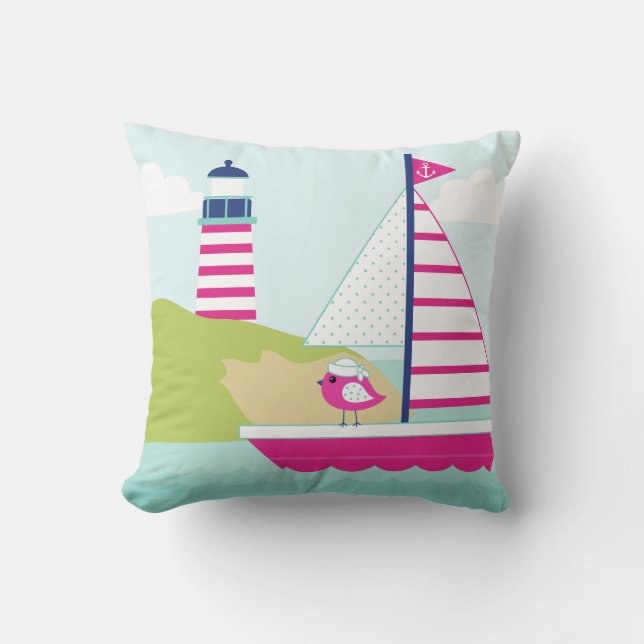 Cute Pink Sail Boat and Lighthouse Cushion (Front)