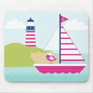 Cute Pink Sail Boat and Lighthouse Mouse Pad