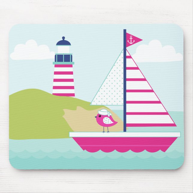 Cute Pink Sail Boat and Lighthouse Mouse Pad (Front)