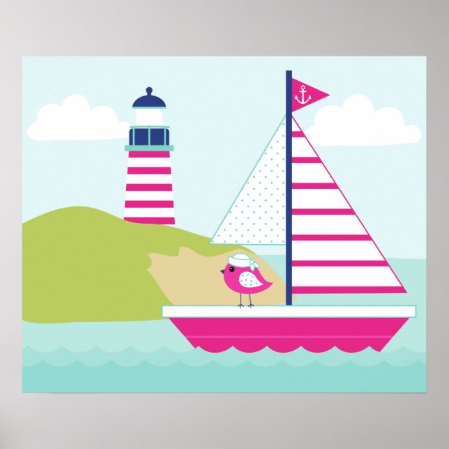 Cute Pink Sail Boat and Lighthouse Poster (Front)
