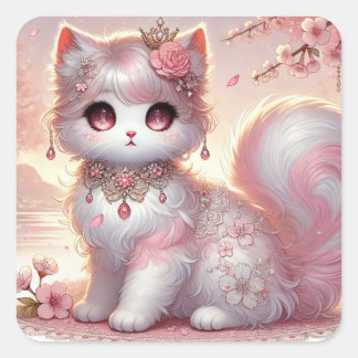 Cute Pink Sakura Cherry Blossom Princess Cat Square Sticker