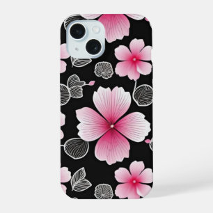 Cute Pink Sakura Pattern on Black Background iPhone 15 Case