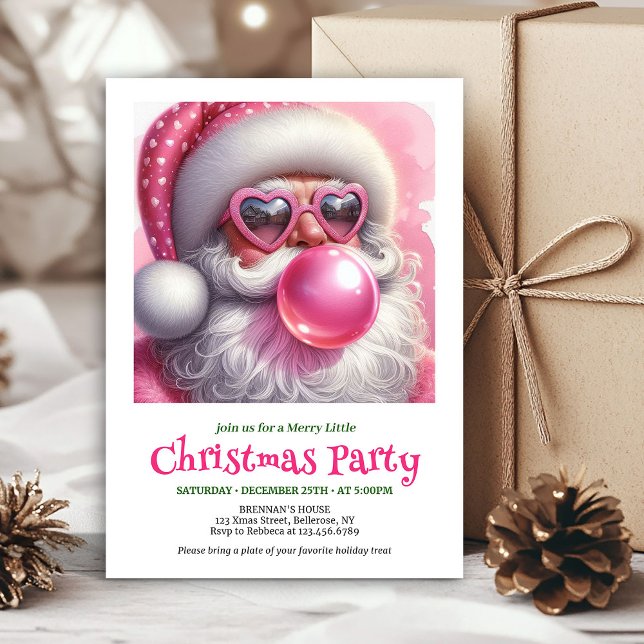 Cute pink santa bubble gum watercolor Christmas  Invitation (Elegant Pink Santa Bubble Gum Funny Christmas Invitation

)