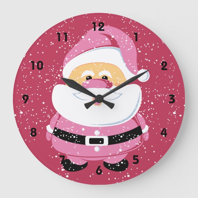 Cute pink Santa Claus and snow Christmas holiday Large Clock (Front)