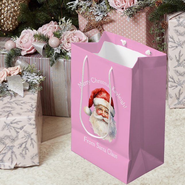 Cute Pink Santa Claus Personalised Girls Christmas Medium Gift Bag (Creator Uploaded)