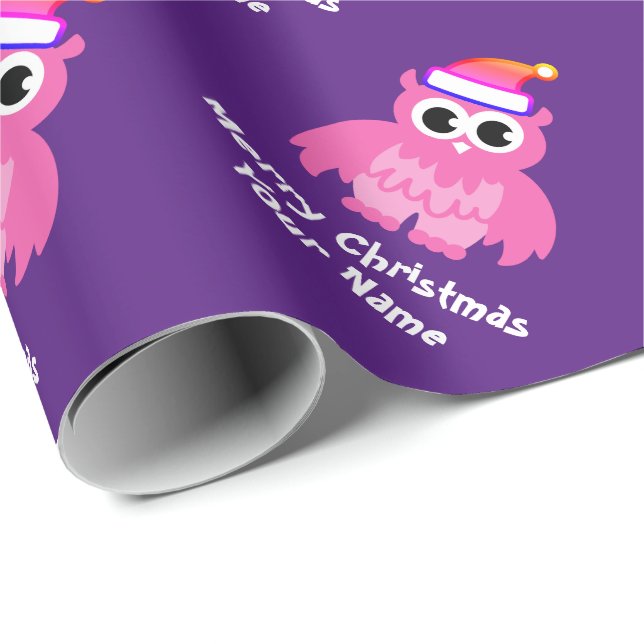Cute pink Santa owl custom kid's Christmas Holiday Wrapping Paper (Roll Corner)