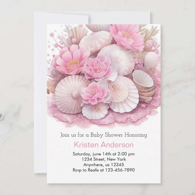 Cute Pink Sea Shell Adventure Girl Baby Shower Invitation (Front)