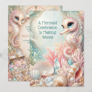 Cute Pink Seahorse Mermaid Birthday Save the Date  Thank You Card