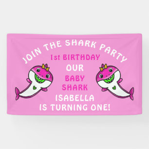 Cute Pink Shark Baby Girl 1st Birthday  Party Banner