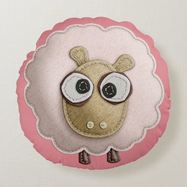 Cute Pink Sheep Faux Felt Round Cushion (Front)