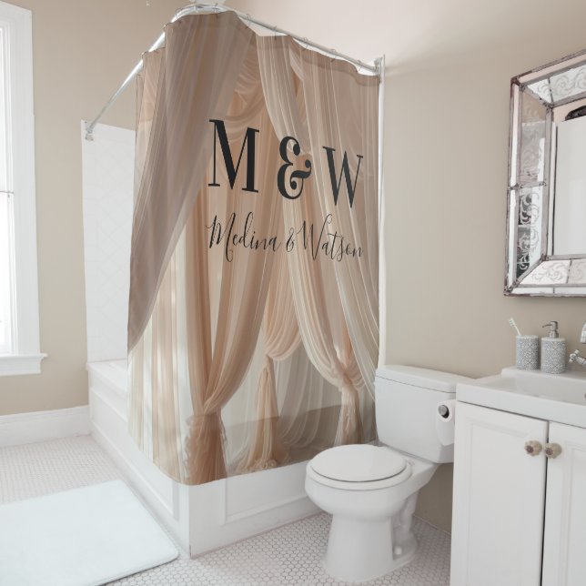Cute Pink Silk Black Monogram Funny Script Wedding Shower Curtain (In Situ)