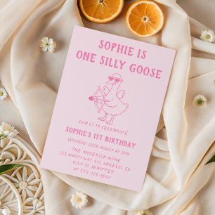Cute Pink Silly Goose 1st Birthday Invitation