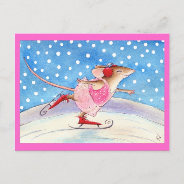 Cute pink skating mouse postcard (Front)