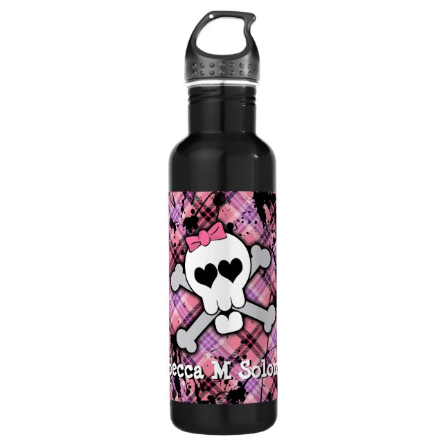 Cute Pink Skull and Crossbones Heart 710 Ml Water Bottle (Front)