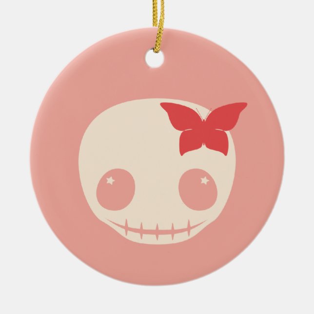 Cute Pink Skull Ceramic Ornament (Front)