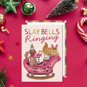 Cute Pink Slay Bells Ringing Dog Diva Christmas Holiday Card