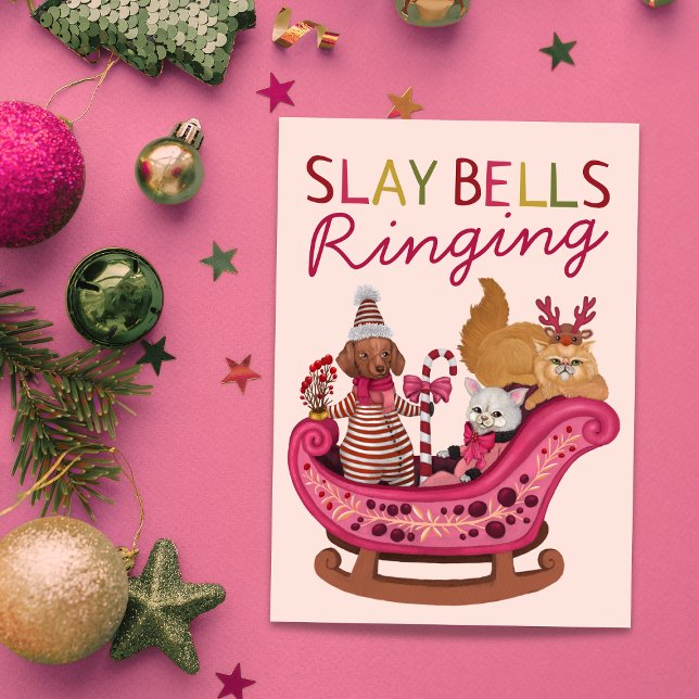 Cute Pink Slay Bells Ringing Dog Diva Christmas Holiday Card (Creator Uploaded)