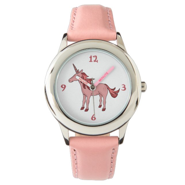 Cute Pink Sleeping Unicorn Drawing Girly Watch (Front)