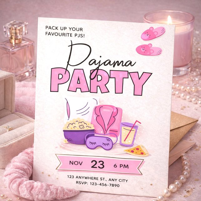 Cute Pink Sleepover for Girls Pajama Party Invitation (Cute Pink Sleepover for Girls Pajama Party Invitation, Slumber Party Invite)