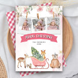 Cute Pink Sleigh Woodland Animals Photo Christmas Holiday Card<br><div class="desc">Amaze your guests with this elegant woodland theme christmas featuring cute baby animals and modern typography. Simply add your text on this easy-to-use template and adorn this card with your favourite photos to make it a one-of-a-kind holiday card.</div>