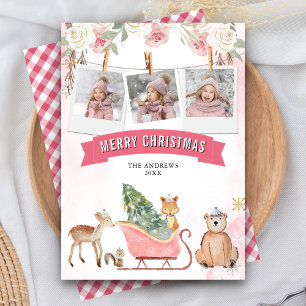 Cute Pink Sleigh Woodland Animals Photo Christmas Holiday Card