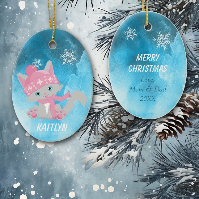 Cute Pink Snowflake Kitten Ceramic Ornament (Creator Uploaded)
