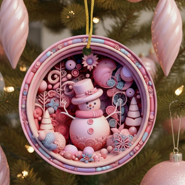 Cute Pink Snowman Christmas Ceramic Ornament (fun cute pink 3D effect snowman personalized Christmas ornament with custom family name and year)