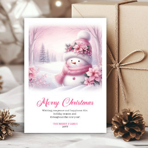 Cute pink snowman Christmas greeting card for kids