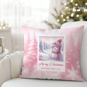 Cute Pink Snowman Christmas Scene Kids Room Pillow