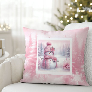 Cute Pink Snowman Christmas Scene Pinkmas Pillow