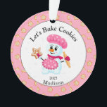 Cute Pink Snowman Cookie Baker Name Christmas Ornament<br><div class="desc">Pink and White Snowman Baker Ornament for kids and adults. The perfect ornament to grandma to give to her favourite cookie baker. Sprinkled cookie background with the words "Let's bake cookies", which can be changed if you like. It is a perfect personalised gift for the family or friends who love...</div>