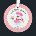 Cute Pink Snowman Cookie Baker Name Christmas Ornament<br><div class="desc">Pink and White Snowman Baker Ornament for kids and adults. The perfect ornament to grandma to give to her favourite cookie baker. Sprinkled cookie background with the words "Let's bake cookies", which can be changed if you like. It is a perfect personalised gift for the family or friends who love...</div>